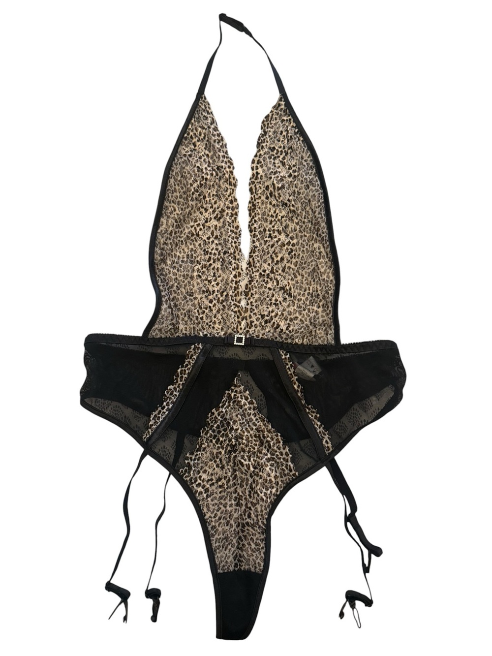 Shirley of Hollywood NWT Leopard Print Lace Halter Teddy with garter